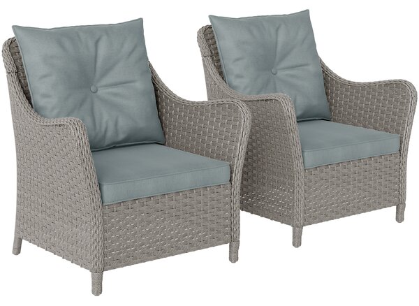 Outsunny Rattan Garden Chairs Set of 2, Outdoor Rattan Chairs with Cushions, Armrests and High Back, PE Wicker Garden Armchair with Steel Frame for Balcony, Porch, Light Grey