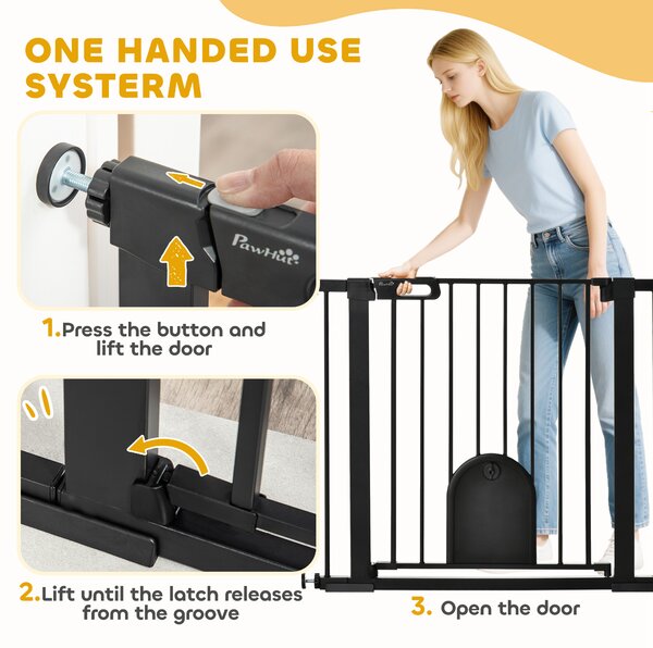 PawHut 75-103 cm Extra Wide Pet Safety Gate Barrier, Stair Pressure Fit, w/ Small Door, Auto Close, Double Locking, for Doorways, Black Aosom UK