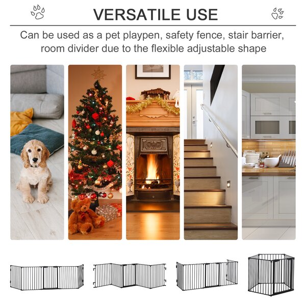 PawHut Stair Gate Dog Pens Pet PlayPen 5-Panel Freestanding Fireplace Christmas Tree Metal Fence Stair Barrier Room Divider w/ Door Aosom UK
