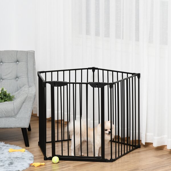 PawHut Stair Gate Dog Pens Pet PlayPen 5-Panel Freestanding Fireplace Christmas Tree Metal Fence Stair Barrier Room Divider w/ Door Aosom UK