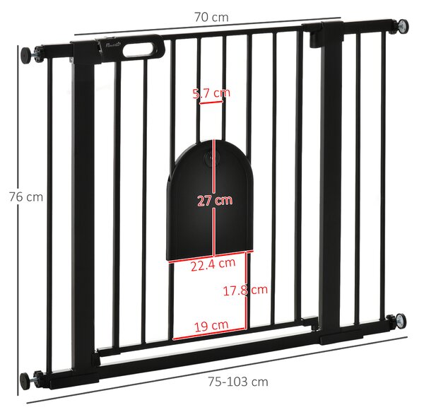 PawHut 75-103 cm Extra Wide Pet Safety Gate Barrier, Stair Pressure Fit, w/ Small Door, Auto Close, Double Locking, for Doorways, Black Aosom UK