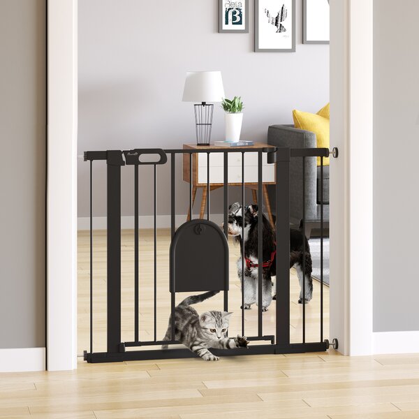 PawHut 75-103 cm Extra Wide Pet Safety Gate Barrier, Stair Pressure Fit, w/ Small Door, Auto Close, Double Locking, for Doorways, Black Aosom UK