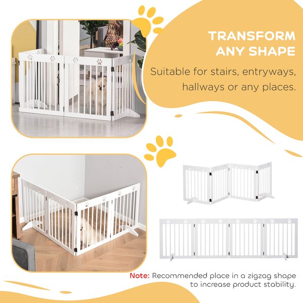 PawHut Pet Gate 4 Panel Folding Wooden Dog Barrier Freestanding Dog Gate For Stairs w/ Support Feet Aosom UK