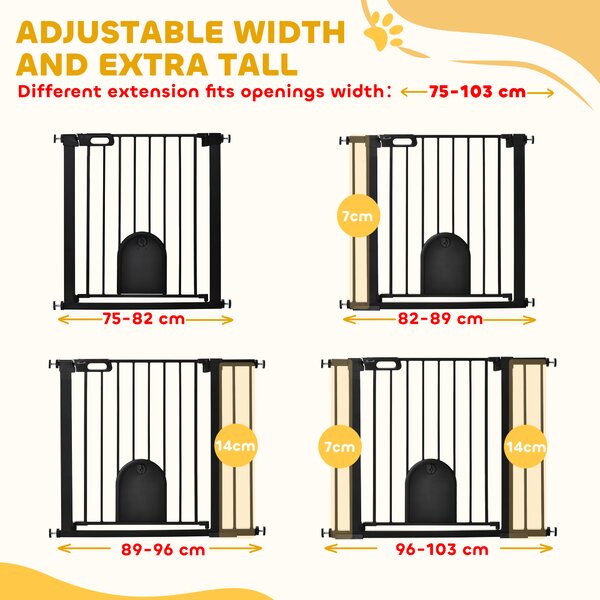 PawHut 75-103 cm Extra Wide Pet Safety Gate Barrier, Stair Pressure Fit, w/ Small Door, Auto Close, Double Locking, for Doorways, Black Aosom UK