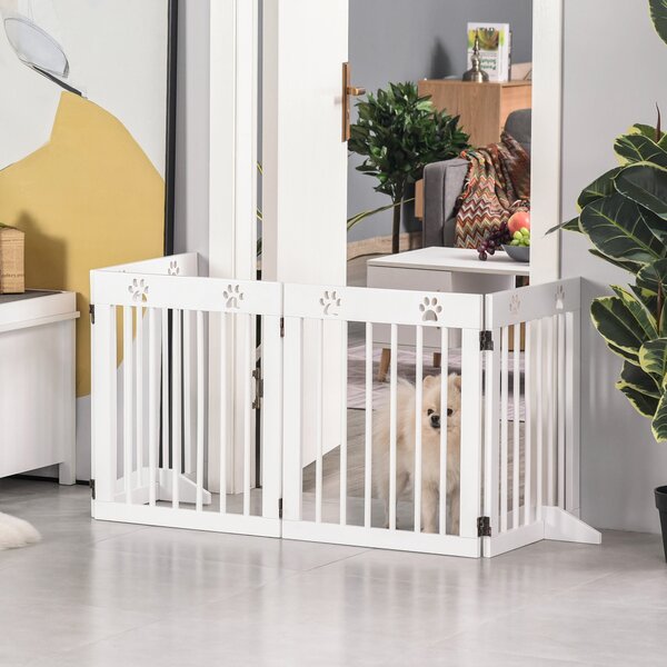 PawHut Pet Gate 4 Panel Folding Wooden Dog Barrier Freestanding Dog Gate For Stairs w/ Support Feet Aosom UK