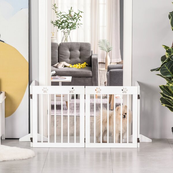 PawHut Pet Gate 4 Panel Folding Wooden Dog Barrier Freestanding Dog Gate For Stairs w/ Support Feet Aosom UK
