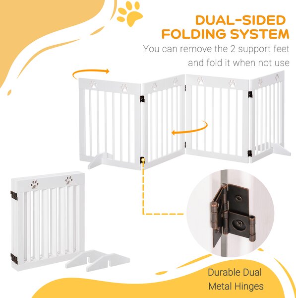 PawHut Pet Gate 4 Panel Folding Wooden Dog Barrier Freestanding Dog Gate For Stairs w/ Support Feet Aosom UK