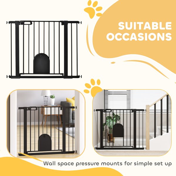 PawHut 75-103 cm Extra Wide Pet Safety Gate Barrier, Stair Pressure Fit, w/ Small Door, Auto Close, Double Locking, for Doorways, Black Aosom UK
