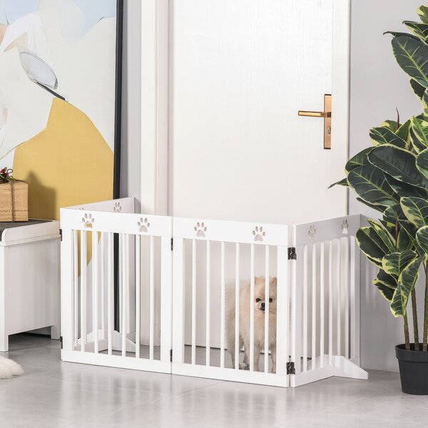 PawHut Pet Gate 4 Panel Folding Wooden Dog Barrier Freestanding Dog Gate For Stairs w/ Support Feet Aosom UK