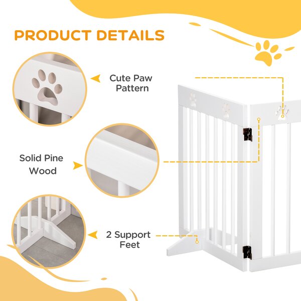 PawHut Pet Gate 4 Panel Folding Wooden Dog Barrier Freestanding Dog Gate For Stairs w/ Support Feet Aosom UK