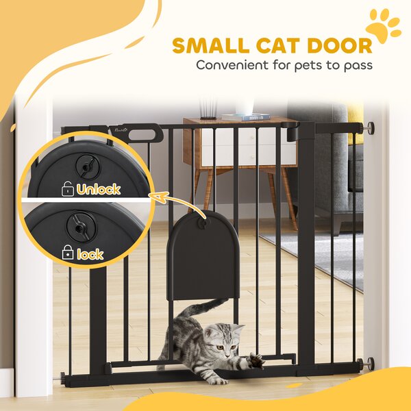PawHut 75-103 cm Extra Wide Pet Safety Gate Barrier, Stair Pressure Fit, w/ Small Door, Auto Close, Double Locking, for Doorways, Black Aosom UK