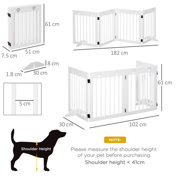 PawHut Pet Gate 4 Panel Folding Wooden Dog Barrier Freestanding Dog Gate For Stairs w/ Support Feet Aosom UK