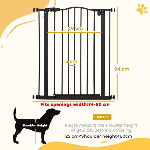 PawHut 74-84cm Adjustable Metal Pet Gate Safety Barrier w/ Auto-Close Door Double Locking Easy-Open Doors Stairs Home Frames Black Aosom UK