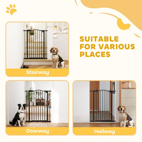 PawHut 74-84cm Adjustable Metal Pet Gate Safety Barrier w/ Auto-Close Door Double Locking Easy-Open Doors Stairs Home Frames Black Aosom UK