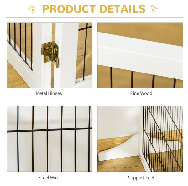 PawHut Pet Gate Wooden Dog Safety Barrier, Freestanding Foldable Fence, w/ 6 Panels, 2 Support Feet, House Doorway Stairs, Small & Medium Dogs, White