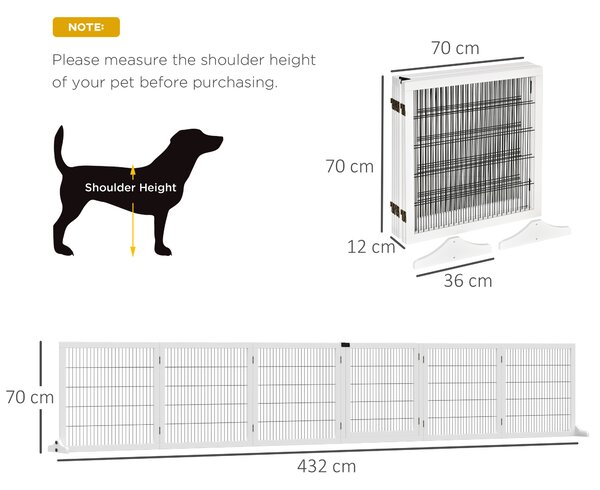 PawHut Pet Gate Wooden Dog Safety Barrier, Freestanding Foldable Fence, w/ 6 Panels, 2 Support Feet, House Doorway Stairs, Small & Medium Dogs, White
