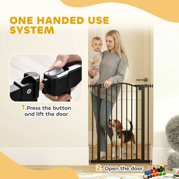 PawHut 74-84cm Adjustable Metal Pet Gate Safety Barrier w/ Auto-Close Door Double Locking Easy-Open Doors Stairs Home Frames Black Aosom UK