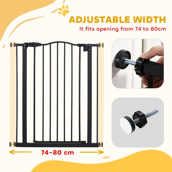 PawHut 74-84cm Adjustable Metal Pet Gate Safety Barrier w/ Auto-Close Door Double Locking Easy-Open Doors Stairs Home Frames Black Aosom UK