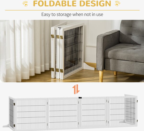 PawHut Pet Gate Wooden Dog Safety Barrier, Freestanding Foldable Fence, w/ 6 Panels, 2 Support Feet, House Doorway Stairs, Small & Medium Dogs, White