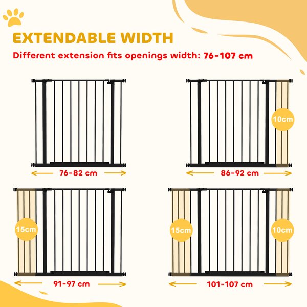 PawHut Safety Pet Gate, Auto-Close Metal Dog Barrier with Adjustable Width 76-107cm, Stair Door, Black Aosom UK