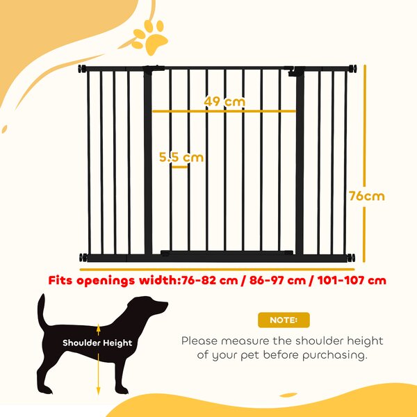 PawHut Safety Pet Gate, Auto-Close Metal Dog Barrier with Adjustable Width 76-107cm, Stair Door, Black Aosom UK