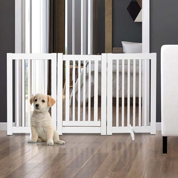 PawHutPet Gates MDF Freestanding Expandable Dog Gate Wood Doorway Pet Barrier Fence w/ Latched Door White Aosom UK