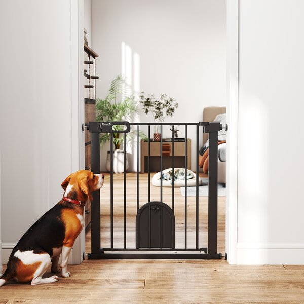 PawHut 75-82 cm Pet Safety Gate Barrier, Stair Pressure Fit, w/ Small Door, Auto Close, Double Locking, for Doorways, Hallways, Black Aosom UK