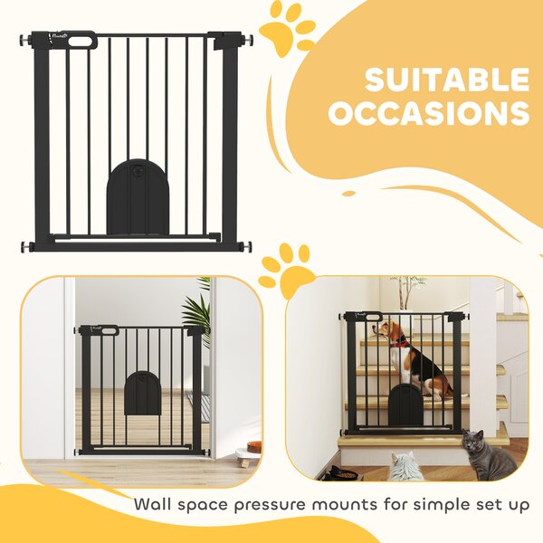 PawHut 75-82 cm Pet Safety Gate Barrier, Stair Pressure Fit, w/ Small Door, Auto Close, Double Locking, for Doorways, Hallways, Black Aosom UK