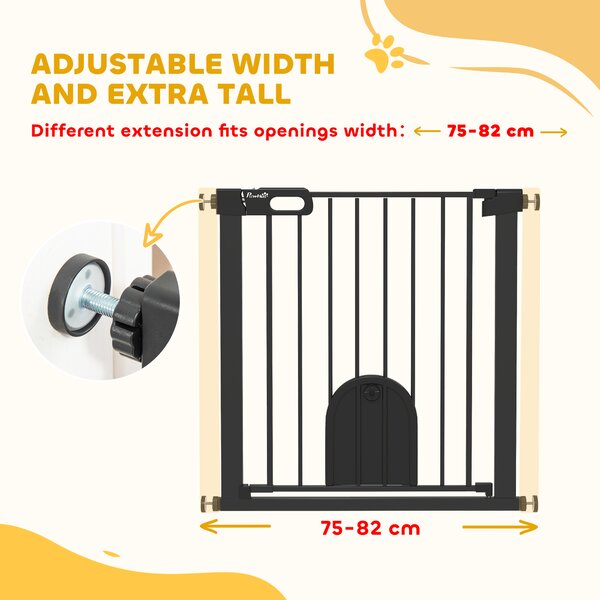PawHut 75-82 cm Pet Safety Gate Barrier, Stair Pressure Fit, w/ Small Door, Auto Close, Double Locking, for Doorways, Hallways, Black Aosom UK