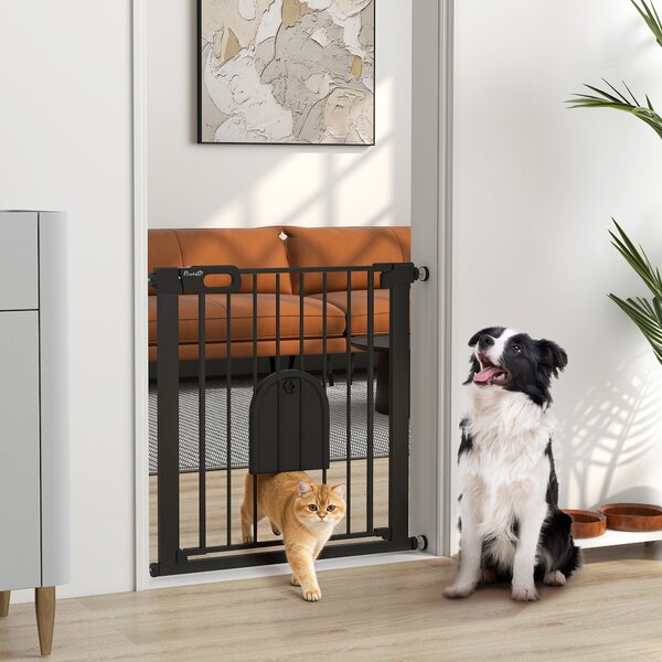 PawHut 75-82 cm Pet Safety Gate Barrier, Stair Pressure Fit, w/ Small Door, Auto Close, Double Locking, for Doorways, Hallways, Black Aosom UK