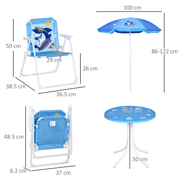 Outsunny Kids Picnic & Table Chair set, Outdoor Folding Garden Furniture w/ Shark Design, Adjustable Sun Umbrella, Ages 3-6 Years - Blue Aosom UK