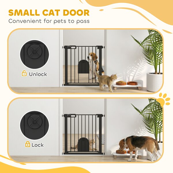 PawHut 75-82 cm Pet Safety Gate Barrier, Stair Pressure Fit, w/ Small Door, Auto Close, Double Locking, for Doorways, Hallways, Black Aosom UK