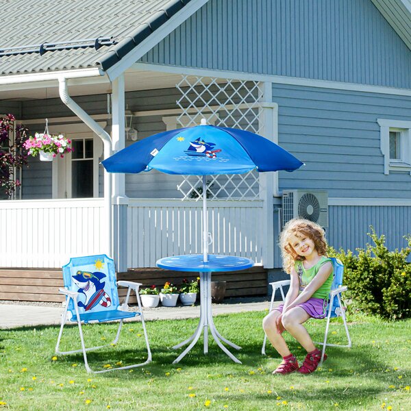 Outsunny Kids Picnic & Table Chair set, Outdoor Folding Garden Furniture w/ Shark Design, Adjustable Sun Umbrella, Ages 3-6 Years - Blue Aosom UK