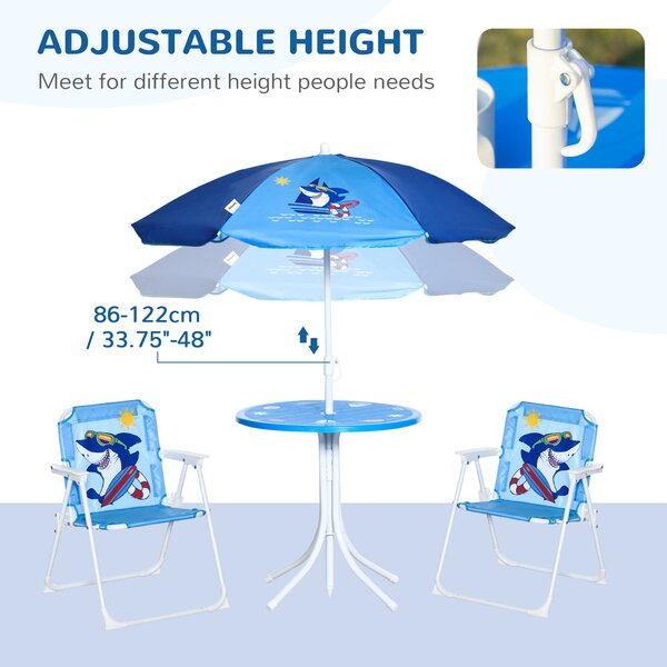 Outsunny Kids Picnic & Table Chair set, Outdoor Folding Garden Furniture w/ Shark Design, Adjustable Sun Umbrella, Ages 3-6 Years - Blue Aosom UK