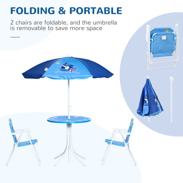 Outsunny Kids Picnic & Table Chair set, Outdoor Folding Garden Furniture w/ Shark Design, Adjustable Sun Umbrella, Ages 3-6 Years - Blue Aosom UK
