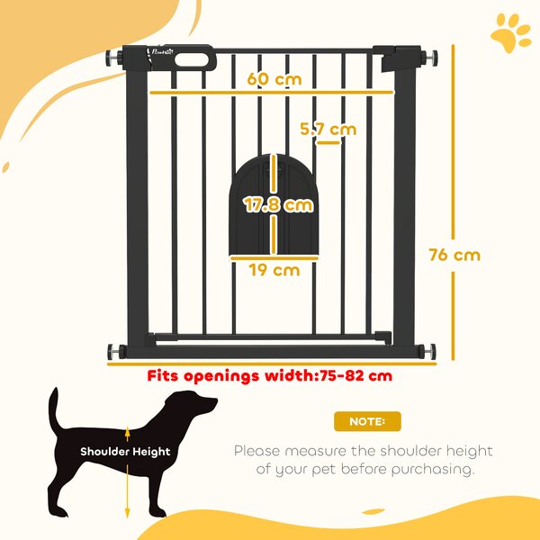 PawHut 75-82 cm Pet Safety Gate Barrier, Stair Pressure Fit, w/ Small Door, Auto Close, Double Locking, for Doorways, Hallways, Black Aosom UK