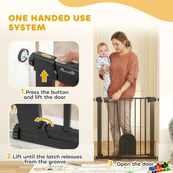 PawHut 75-82 cm Pet Safety Gate Barrier, Stair Pressure Fit, w/ Small Door, Auto Close, Double Locking, for Doorways, Hallways, Black Aosom UK