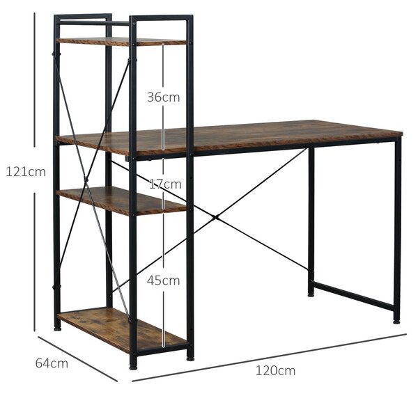 HOMCOM Study Desk, Computer Table with 4-Tier Bookshelf, Home Office Workstation, Metal Frame, Wooden Top, Rustic Brown & Black Aosom UK