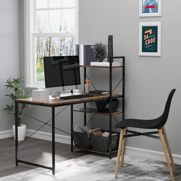 HOMCOM Study Desk, Computer Table with 4-Tier Bookshelf, Home Office Workstation, Metal Frame, Wooden Top, Rustic Brown & Black Aosom UK