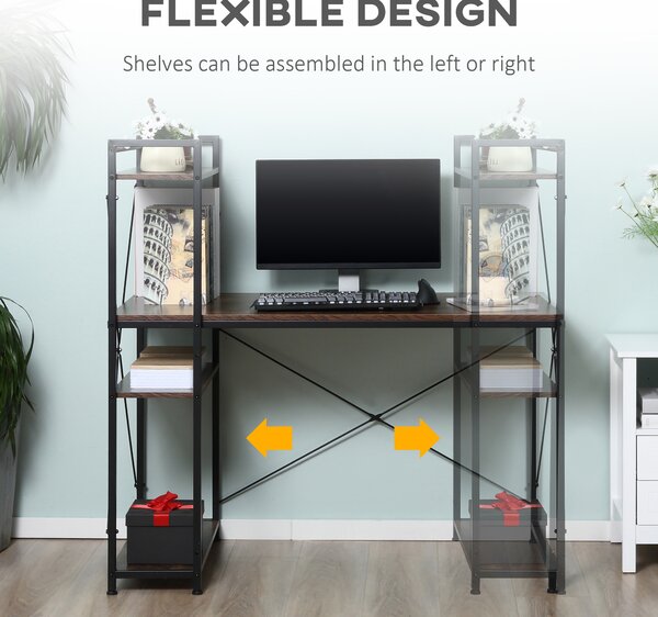 HOMCOM Study Desk, Computer Table with 4-Tier Bookshelf, Home Office Workstation, Metal Frame, Wooden Top, Rustic Brown & Black Aosom UK