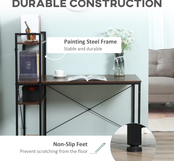 HOMCOM Study Desk, Computer Table with 4-Tier Bookshelf, Home Office Workstation, Metal Frame, Wooden Top, Rustic Brown & Black Aosom UK