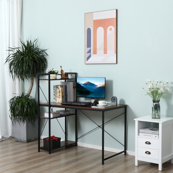 HOMCOM Study Desk, Computer Table with 4-Tier Bookshelf, Home Office Workstation, Metal Frame, Wooden Top, Rustic Brown & Black Aosom UK
