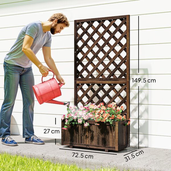 Outsunny Garden Wooden Pine Trough Planter with Topped Trellis Climbing Plants Flower Raised Bed Aosom UK