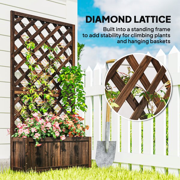 Outsunny Garden Wooden Pine Trough Planter with Topped Trellis Climbing Plants Flower Raised Bed Aosom UK