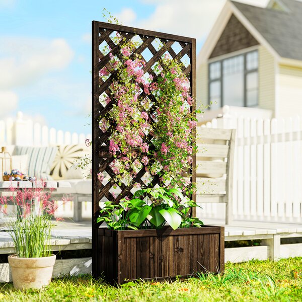 Outsunny Garden Wooden Pine Trough Planter with Topped Trellis Climbing Plants Flower Raised Bed Aosom UK