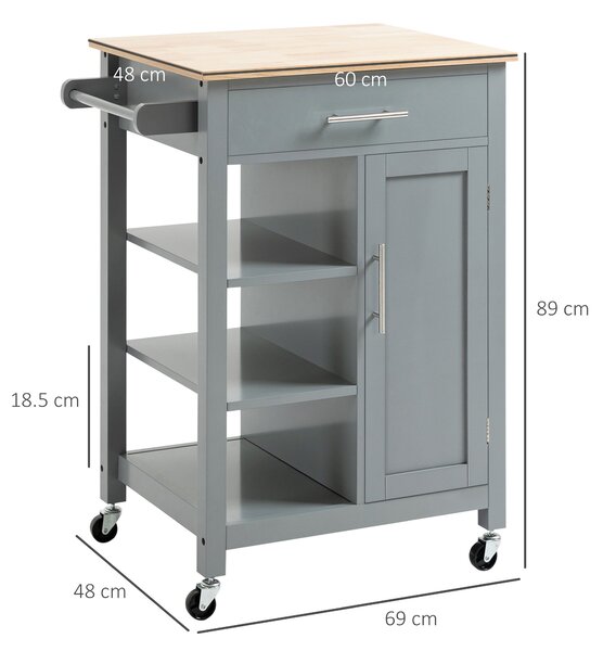 HOMCOM Compact Kitchen Trolley Utility Cart on Wheels with Open Shelf & Storage Drawer for Dining Room, Kitchen, Grey