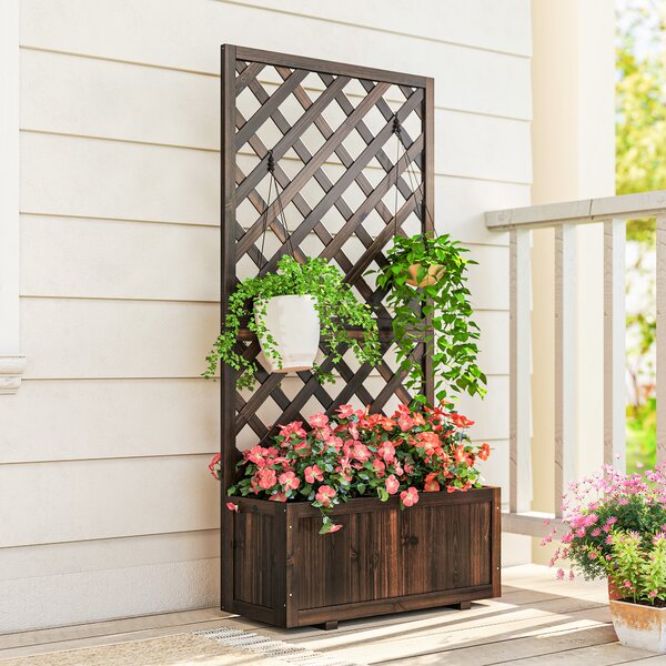 Outsunny Garden Wooden Pine Trough Planter with Topped Trellis Climbing Plants Flower Raised Bed Aosom UK