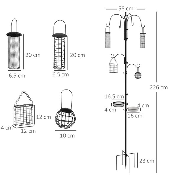 Pawhut Bird Feeding Station Kit, Wild Bird Feeder Pole with 6 Hooks, 4 Hanging Feeders for Peanuts, Seed, Fat Balls, for Garden, Outdoor, Black