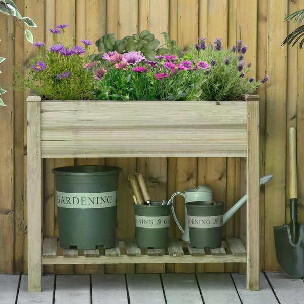 Outsunny Garden Wooden Planters, Raised Garden Bed w/ Legs & Storage Shelf, Gardening Standing Growing Bed Flower Boxes for Backyard Aosom UK