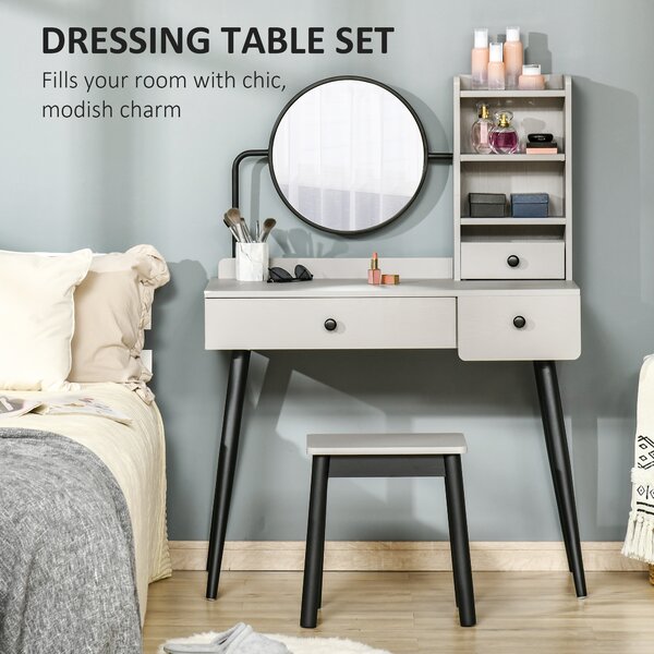 HOMCOM Dressing Table Set with Mirror and Stool, Vanity Makeup Table with 3 Drawers and Open Shelves for Bedroom, Living Room, Grey Aosom UK